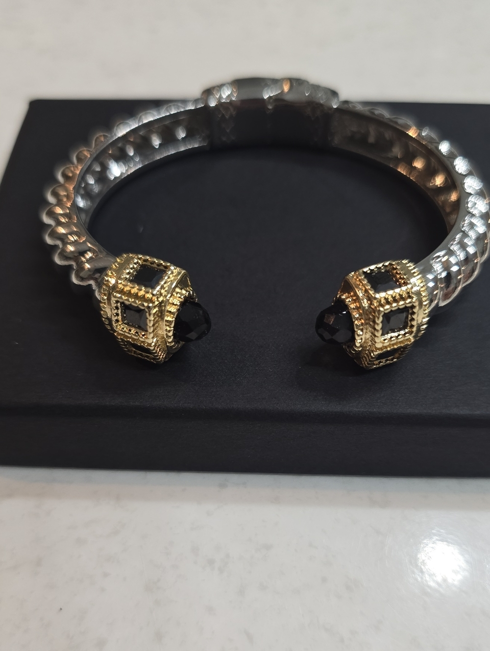Gold & Silver Open Cuff Bracelet with Black Gemstone Accents